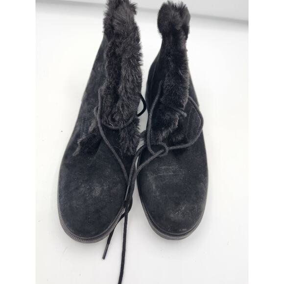 Black Suede Ankle Boots with Faux Fur Trim, Lace-Up Closure - Picture 2 of 15